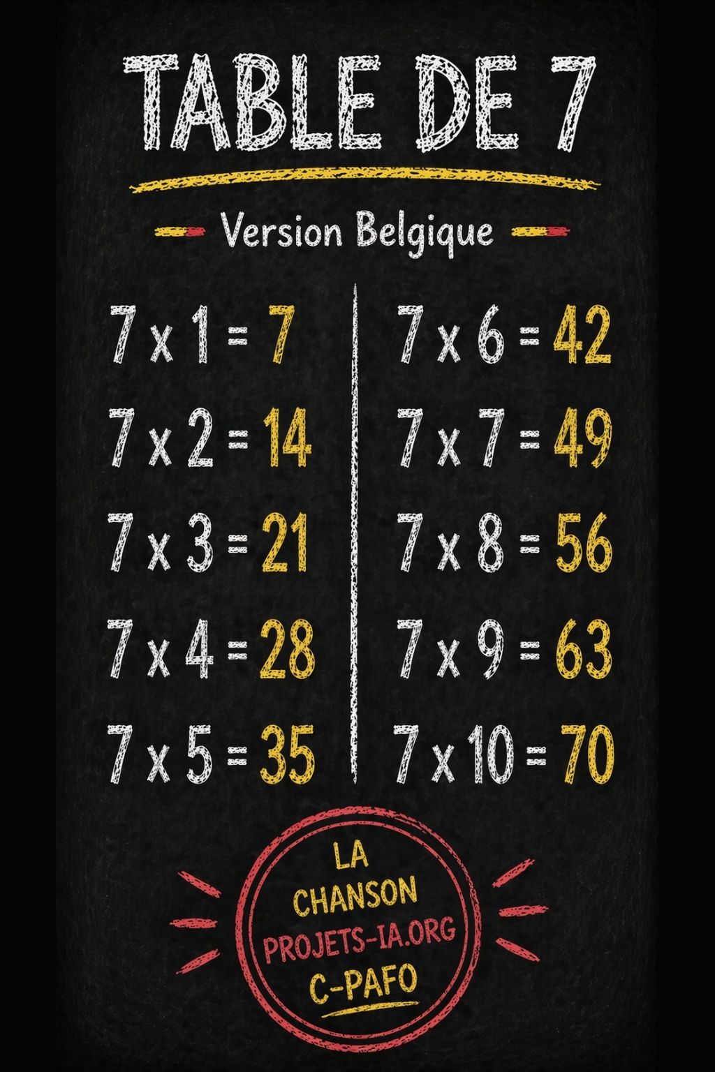 LA TABLE DE MULTIPLICATION PAR 7 VERSION BELGIQUE