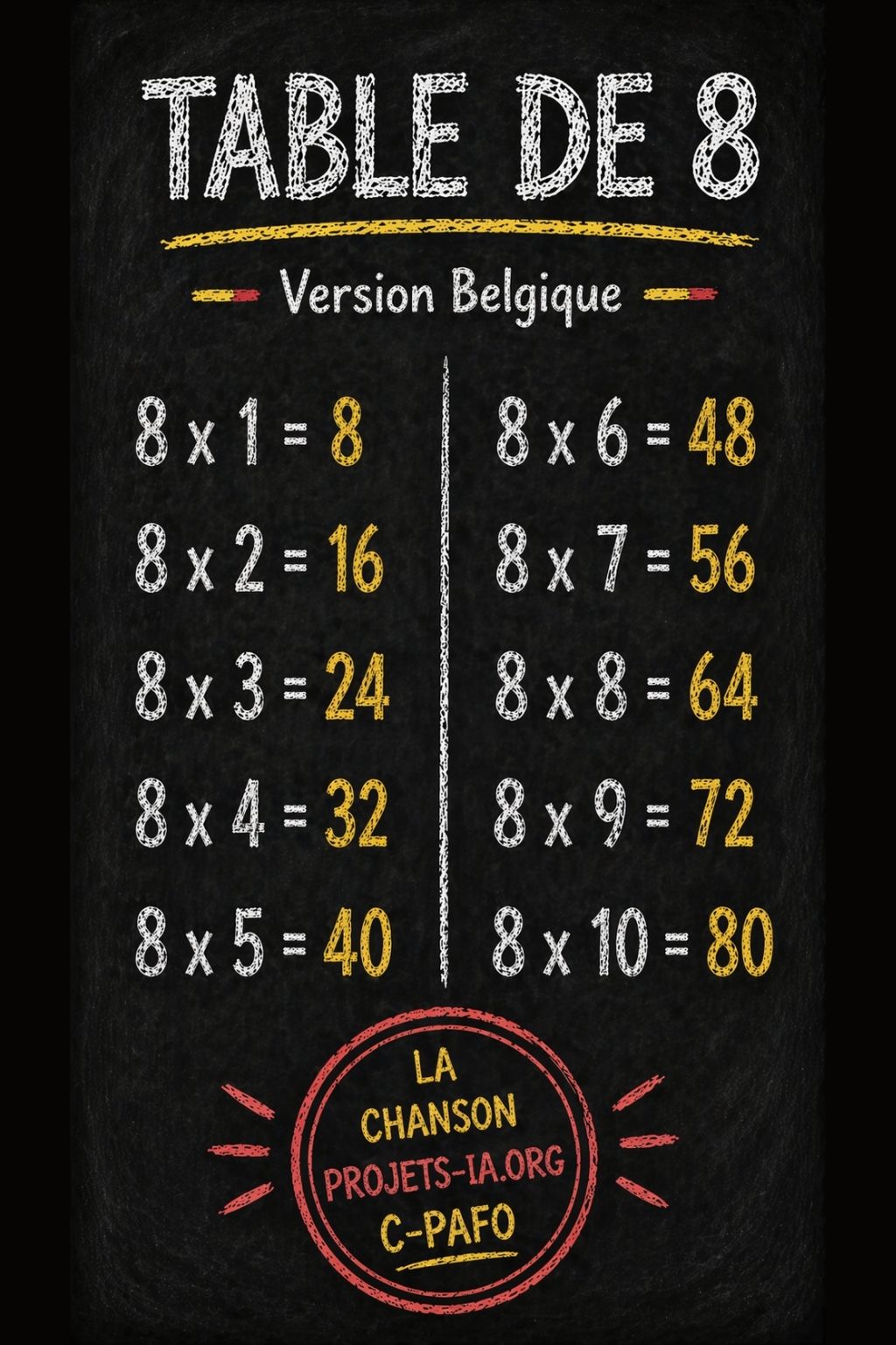 LA TABLE DE MULTIPLICATION PAR 8 VERSION BELGIQUE