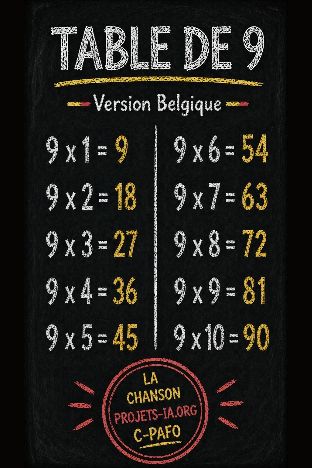LA TABLE DE MULTIPLICATION PAR 9 VERSION BELGIQUE